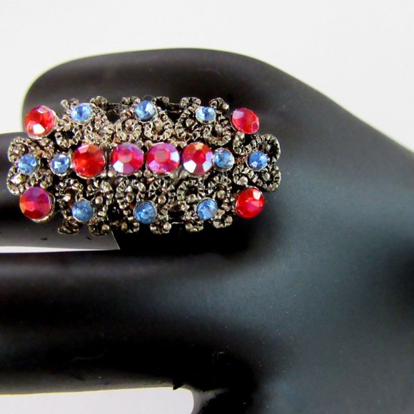 Red & blue rhinestone cocktail ring size 8 - 9 NEW - Picture 6 of 12